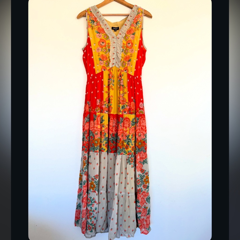 Anthropologie Tolani Boho Maxi dress floral yellow and pink
